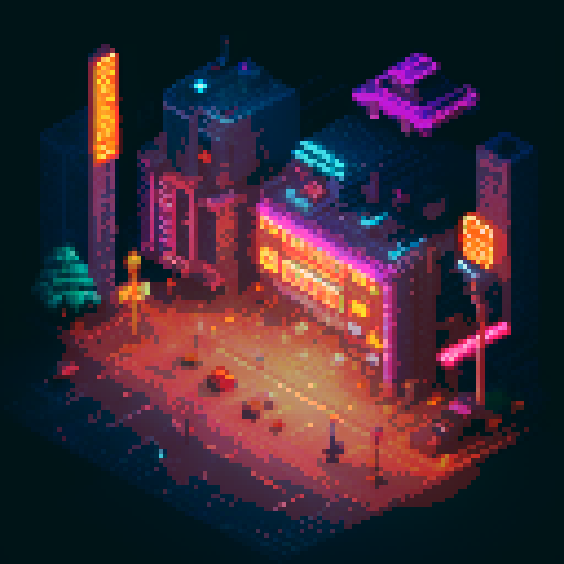 Isometric 2D cyberpunk street scene, vibrant neon lights, futuristic storefronts with glowing neon signs, reflective wet pavement, cybernetic-enhanced pedestrians, high-tech vehicles, mage girl floating in center, serene pose, fusion of mage robes and cyberpunk aesthetics with glowing runes, mystical aura amidst technology, focus on dynamic lighting and detailed environment