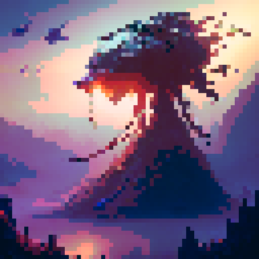 Mechanical tree towering over the skyline, adorned with gears intricately designed and branches extending towards the vibrant, pixelated sunset, while steam-powered animals roam around the fantasy RPG world of 3000