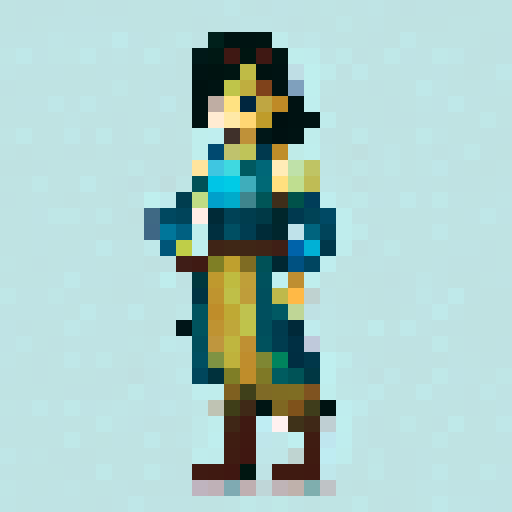 Hello PixelFy! I'm very pleased with the quality of my current pixel art, but now I'm interested in creating movement sprites for my character. I've provided the image of my character and would like to request four different sprites to represent different movements.

Here are the details I'd like to include in each sprite:

1. **Walking to the right**: I want my character to be in a fluent walking pose, with one leg lifted and the other one resting on the ground. The arm on the side opposite to 