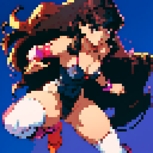 Petite, pale, very busty, dark brown curly hair with bettie page bangs, sleek high-cut leotard in vibrant red with plunging neckline, angular chrome shoulder pads with rivet details, matching chrome forearm bracers, knee-high armored chrome boots, long hair, curly hair, bangs, retro anime, 1990s anime, 1980s anime, sRGB, pixel art