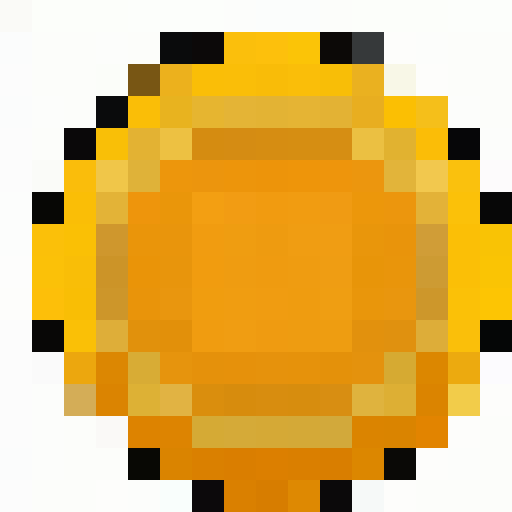 Golden coin, shimmering, glimmering, reflecting light, intricate details, pixelated, vibrant colors, retro aesthetic, 8-bit, low resolution, square pixels, metallic texture, shiny surface, sparkling, gleaming, radiant, nostalgic, classic video game vibes, limited color palette, crisp edges, nostalgic charm, digital artwork, vintage feel, iconic symbol