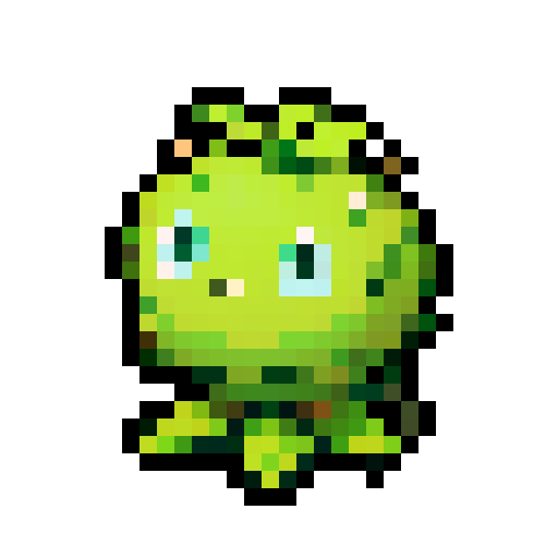 A tiny plant-like creature with a leafy body, bright green skin, and small flowers growing from its head. It has big, round eyes and a cheerful expression, with roots as feet.
