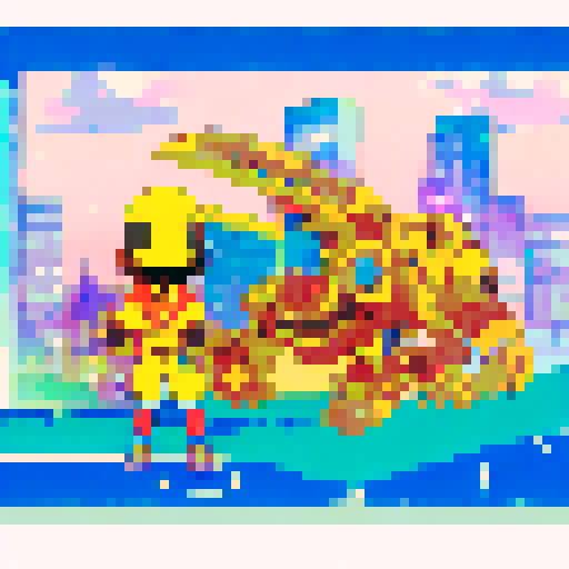 Yellow-skinned Simpsons characters wearing anime-inspired clothing, standing in front of a neon-lit cityscape with giant robot mechs towering behind them