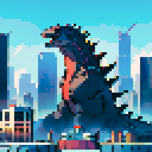 Godzilla towering over skyscrapers, with vibrant and bold colors, in a pixelated art style, creating chaos and destruction in a bustling cityscape