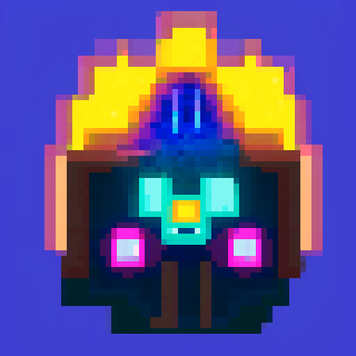 Pixelated skeleton wizard with glowing blue eyes, casting a spell with bony fingers, surrounded by swirling purple smoke