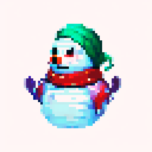 "pixel art snowman made of two balls, wearing a vibrant red scarf, using a retro-inspired 8-bit art style."