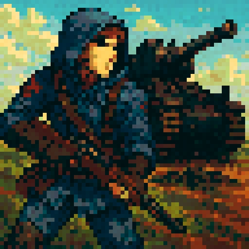 Valkyria Chronicles Nameless Scout, male, hooded, dieselpunk black tank, dynamic detailed vibrant heroic, sRGB pixel art calm