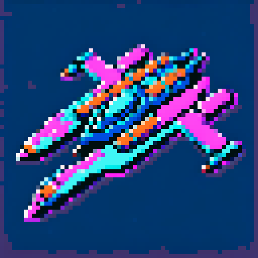 6-bit pixel art spaceship, blocky silver hull with rust patches, glowing cyan engines trailing a cyan-magenta hyperspace streak, SNES retro style, 64x64px grid, limited 16-color palette, sharp edges