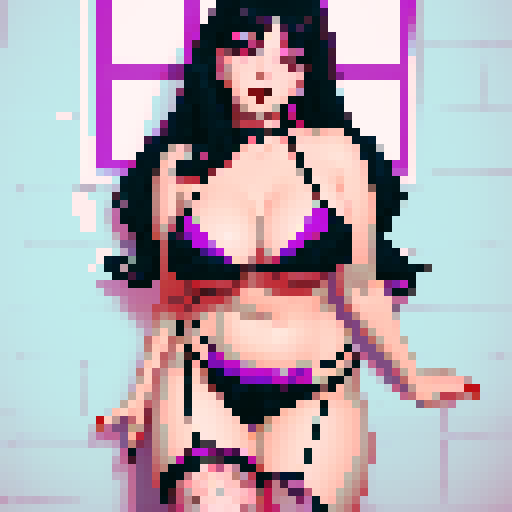curvy, cute, goth girl,  black hair, purple eyeshadow, red lipstick. Wearing bikini, Fishnet stockings.  glamour shot.