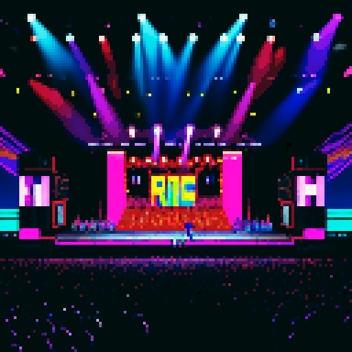Bruce Springsteen silhouette, bold black lines, vibrant colors, pixelated style, sRGB palette, energetic stage presence, iconic guitar stance, dynamic pixel art rendition, nostalgic 8-bit graphics, electric atmosphere, captivating stage lighting, pixel-perfect details, retro video game vibes, crowd cheering, pulsating rock music, powerful lyrics
