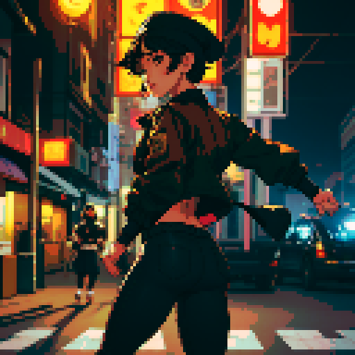 Night Thai urban street light background, Thailand, young girl, short black hair, small mouth, brown jacket, black jeans, small hips, beige hat, running, turn back, far view from the back