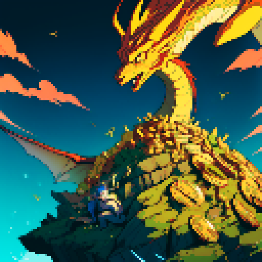 dragon with shimmering scales, hoard of gold coins glimmering in the background, dragon leisurely lounging on top of a massive pile of gold coins, dragon's majestic form taking up the full canvas with intricate pixel art details in a vibrant sRGB color palette, dragon is gold colored