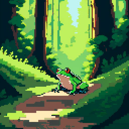 frog with open mouth, vibrant green, moss-covered forest path, sunlight filtering through canopy, dappled shadows, pixelated leaves, detailed pixel art, sRGB color space