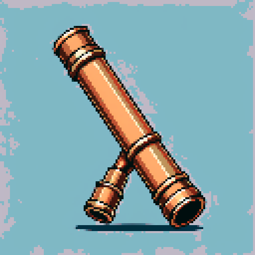 I want a tall vertical copper pipe that looks like a cannon barrel. I want this object usable an asset in a videogame, meaning only one object per image, outlined with a strong black stroke, on a solid-color background.