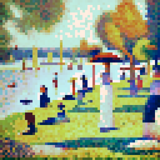 Mimic Georges Seurat’s pointillist technique by translating the details of the image into small, evenly spaced pixels with soft, blended colors. Focus on subtle, muted tones to evoke Seurat’s impressionist style, creating a calm and serene atmosphere. Ensure that the pixelated image reflects the original composition but maintains the abstract, dotted feel of pointillism, while avoiding vivid or harsh colors, opting instead for smooth, harmonious transitions between shades.