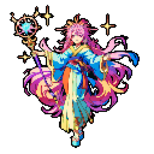 legendary anime girl wizard, long flowing hair, vibrant and dynamic colors, glowing magical staff, intricate and ornate robes, intense and focused expression looking to the right, not wearing shoes, sparkling and shimmering background, detailed and precise pixel art
