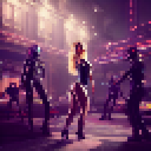 A neon-lit cityscape provides the backdrop for a curvaceous, tattooed woman in a latex bodysuit, wielding a whip and surrounded by a group of submissive, leather-clad men, all rendered in a hyper-realistic, airbrushed style.