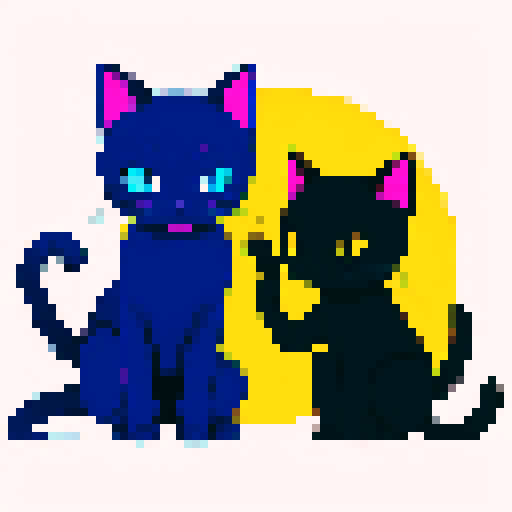 Siamese ninja cats with bright blue eyes, sleek fur, and elegant poses, surrounded by vibrant colors and pixelated details, all created in the pixel art style using the sRGB palette