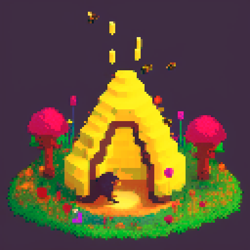 Honey badger, lovely, pixel art, vibrant colors, playful stance, surrounded by buzzing bees, honey dripping from its paws, whimsical flowers in the background