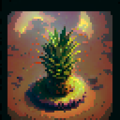 Giant Pineapple with intricate golden patterns growing halfway in the ground, surrounded by little baby pineapple saplings, all illuminated by moonlight in an isometric view, against a black background, showcasing the vibrant 6-color fantasy RPG art style