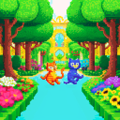 happy cats playing, vibrant colors, whimsical flowers, animated felines, lush greenery, detailed textures, playful expressions, intricate patterns, retro video game aesthetic, vibrant pixel art, lively atmosphere, enchanting garden, joyful felines, vivid hues, charming visuals