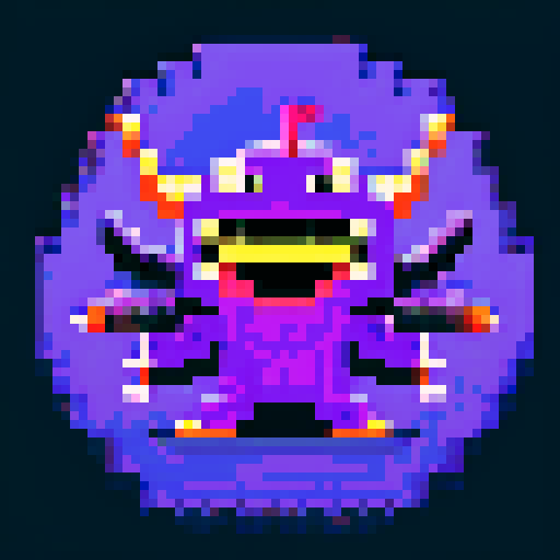 giant purple monster with sharp teeth and bat-like tentacles, pixelated 16-bit style capturing the retro charm and vibrant colors of the sRGB color space