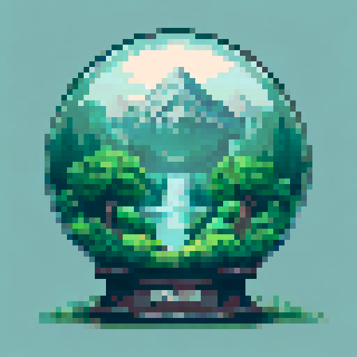 A circular glass dome containing a serene landscape.
At the center, a tall, majestic mountain with jagged peaks stands against a pastel sky.
In front of the mountain, a cascading waterfall flows into a calm river surrounded by lush green trees.
The foreground features various green plants, bushes