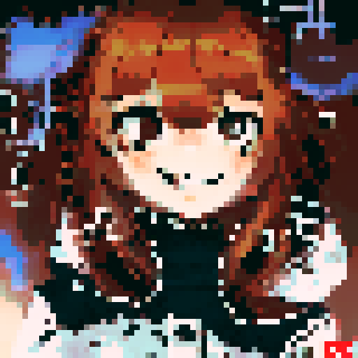 Brown and red-haired girl with a beaming smile framed by billowing blue curtains, captured in a character portrait with close-up details and an anime style, rendered in pixel art