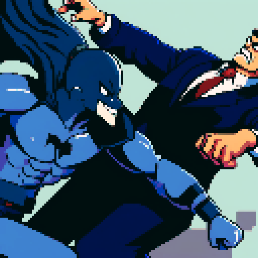 cartoon character with bulging muscles, wearing a vibrant blue suit, throwing a powerful punch at a menacing, wide-eyed evil villain with sharp teeth, in a dynamic pixelated scene with bold, contrasting colors inspired by sRGB