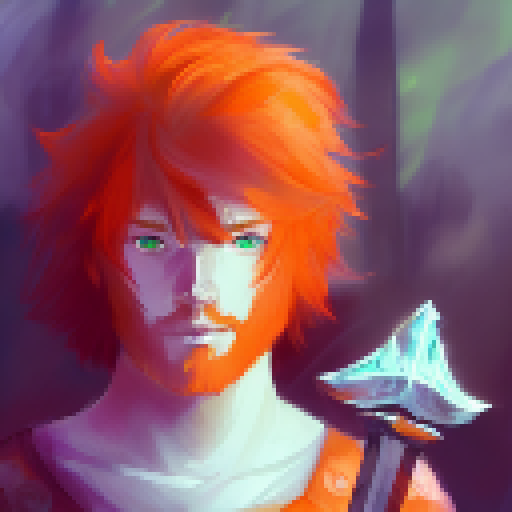 Orange-haired warrior portrait, wielding a glowing sword amidst a mystical forest, with dragons and magic runes in the background.