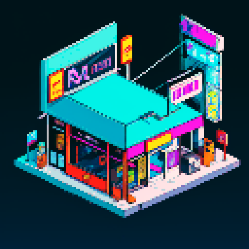 isometric view of a cyberpunk-styled store. Set at night time.