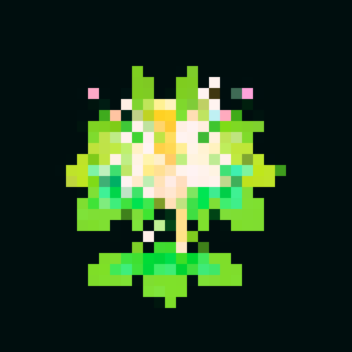 A delicate, fairy-like creature with translucent wings, a body adorned with blooming flowers, and glowing eyes. It has a serene expression and emits a soft, magical light. It moves gracefully through the air. No background.