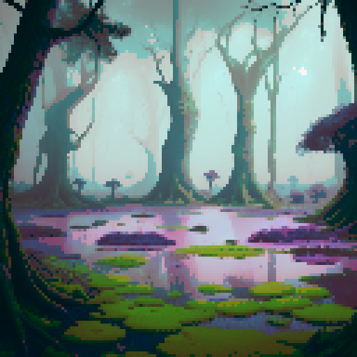 A swampy battleground with a damp, mossy surface in the foreground, angled slightly upward to create depth. The bottom-left corner is clear and open for a player's perspective, while the middle-right features murky water tinged with pinkish-purple hues, surrounded by floating vegetation and gnarled tree roots. The background is shrouded in a hazy mist, with faint outlines of twisted trees completing the eerie atmosphere.