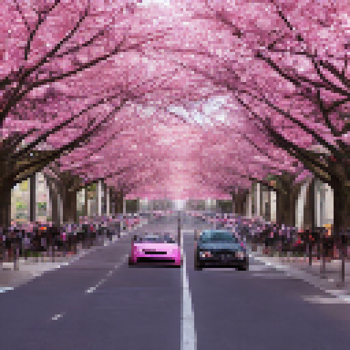 Bustling street scene amidst blooming pink cherry blossom trees, capturing the blur of speeding racers in a dynamic pop art style.