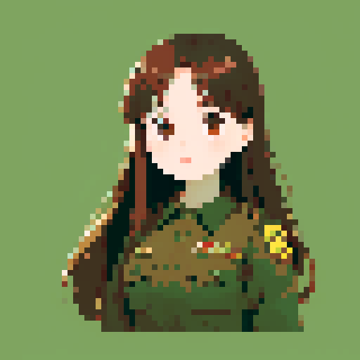 young girl, large round eyes, soft long hair, innocent expression, brown hair, brown eyes, wearing combat green army uniform, upper body close-up, transparent background, clean and detailed, game icon, centered composition