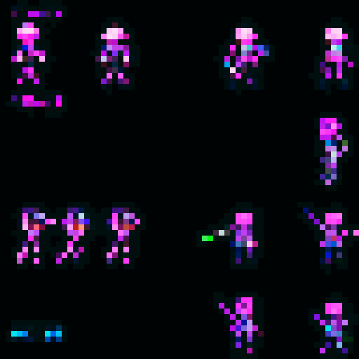 futuristic, cybernetic character with metallic armor, glowing neon accents, wielding a laser sword, running, attacking, falling animations in retro pixel art style, vibrant sRGB colors