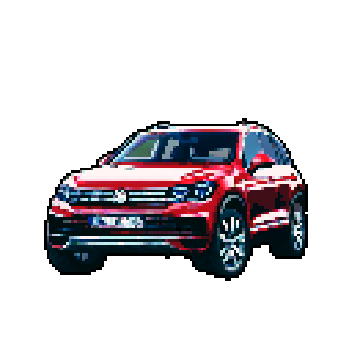 Photorealistic whole Volkswagen Touareg, centered, three-quarter view, right front wheel, clean background, realistic colors, pixel art style