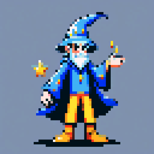 Create a pixel art character of a whimsical wizard . The wizard should wear a blue robe covered with yellow stars and a matching pointy hat. He should have a playful grin, holding his hand ready to give a high five