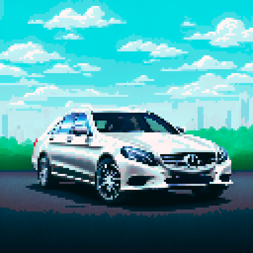 Photorealistic whole Mercedes E class, three-quarter view, right front wheel, clean background, sRGB colors, pixel art style