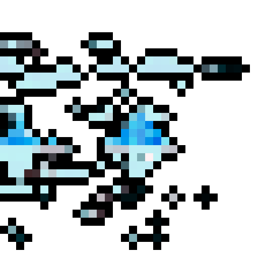 A towering iceberg in deep blue hues dominates a serene pixel art seascape, surrounded by a misty sRGB sky