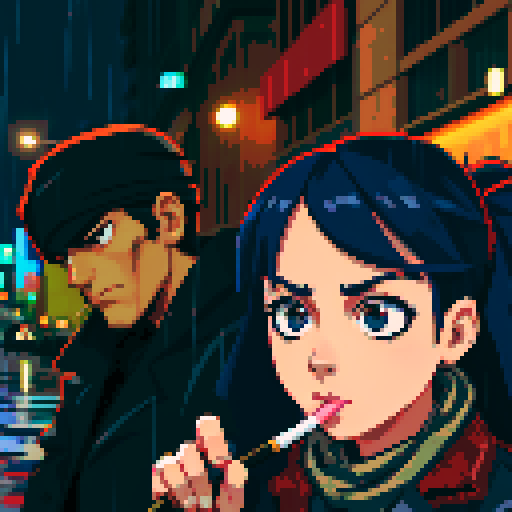 Girl on the right smoking a cigarette, guy on the left holding a gun with a black bandanna covering his face, gritty, rainy, nighttime, downtown