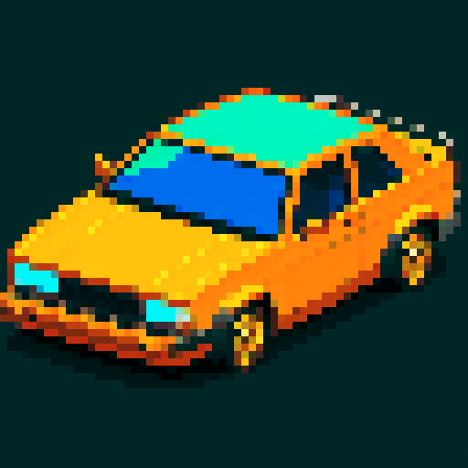 crashed orange sedan, shattered windshield, twisted metal, skid marks, vibrant colors, low-resolution, blocky pixels, retro video game style, glowing headlights, 16-bit art, simplified shapes, saturated hues
