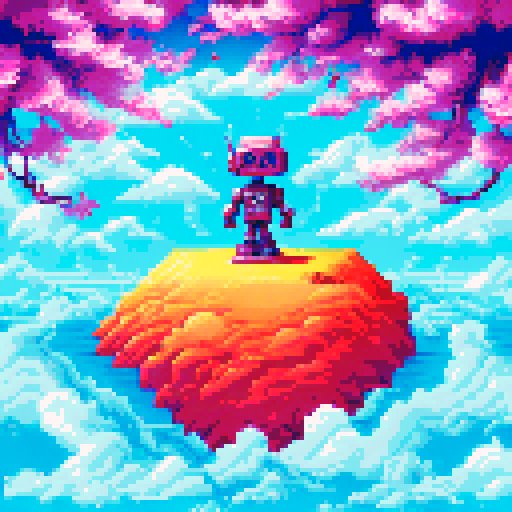 Robot head with heart eyes stands amidst a sea of delicate cherry blossoms in a pixelated landscape, emitting a square wave oscillator that forms a smile on its face