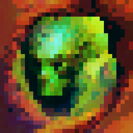 A twisted green Hei Tiki head, wide-eyed and contorted, exuding a mix of mischief and madness, stylized with bold lines and exaggerated features with dark brown māori carving background.