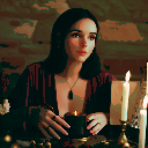 Close-up of a young beautiful woman looking at the viewer making magic with candles.