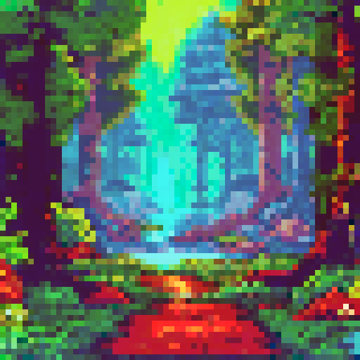 forest with a cave, trees, small fairies, large plants, evil red eyes in bush, sRGB, pixel art, background, landscape