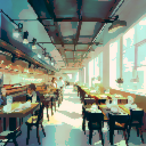 Cafe interior, bustling New York City morning, tired customers, lively conversations, steaming cups of coffee