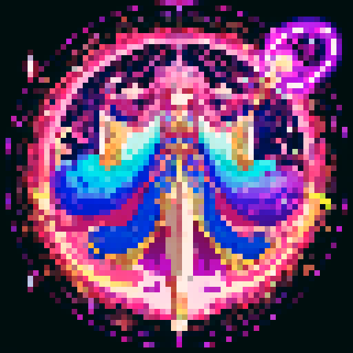 legendary anime girl wizard, long flowing hair, vibrant and dynamic colors, glowing magical staff, intricate and ornate robes, intense and focused expression looking to the right, not wearing shoes, sparkling and shimmering background, detailed and precise pixel art
