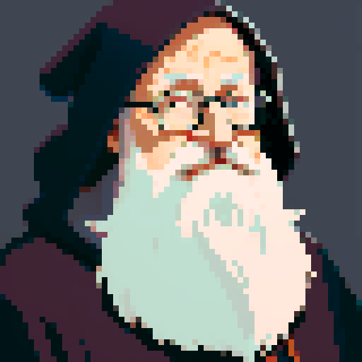 wise old librarian grandpa portrait, hooded figure, long bushy beard, wise eyes full of knowledge, pixelated style, non-vibrant colors