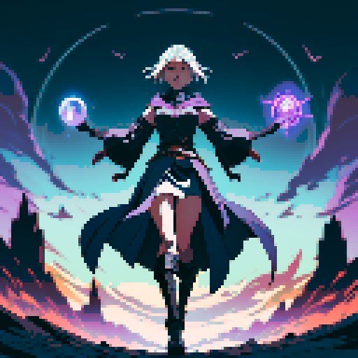 full-body image, sorceress facing right, sorceress ready to fight, evil sorceress, floating, arms out, magic circles, magic power, spell, evil sorceress, evil witch, magic symbols, ultimecia, final fantasy, sRGB, pixel art